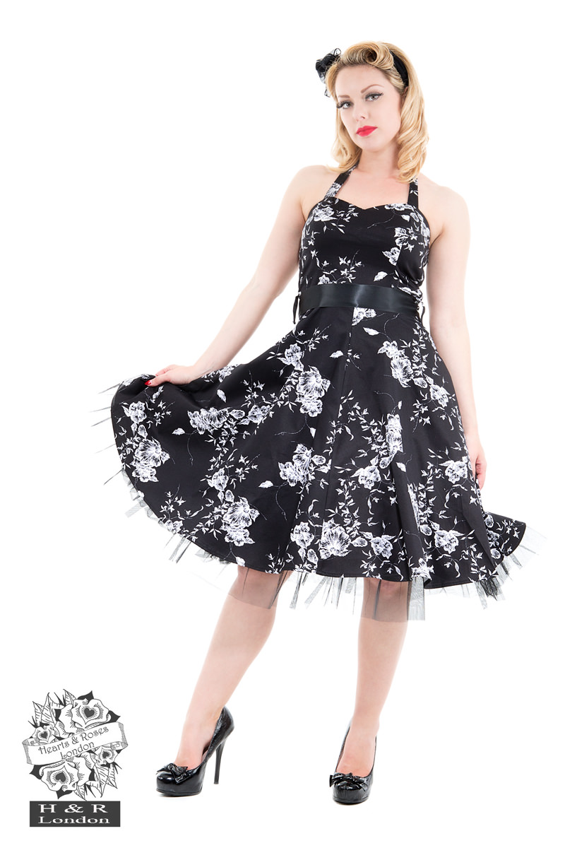 Black White Vintage Floral Prom Dress