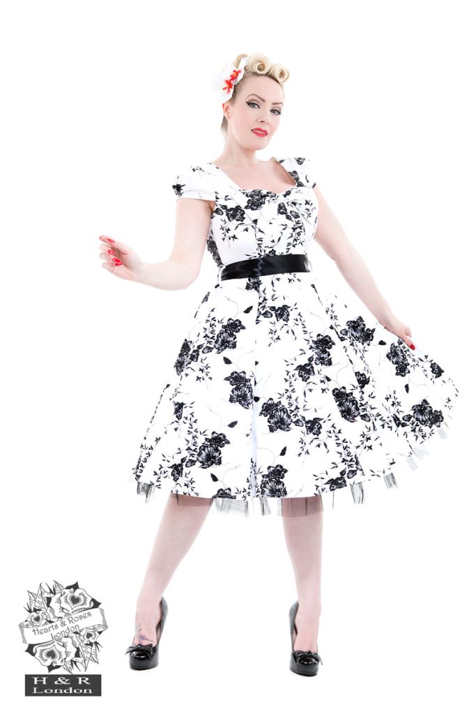 50s Imitation White Black Floral Tea Dress