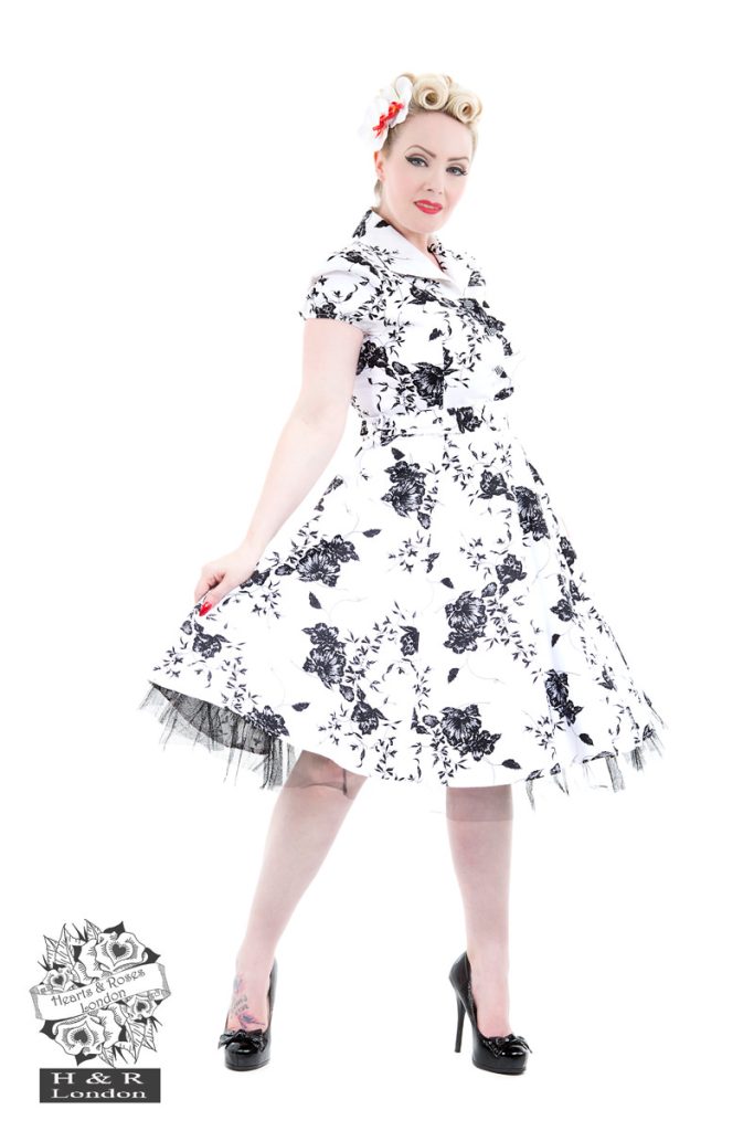 50's Imitation White Black Floral Tea Dress