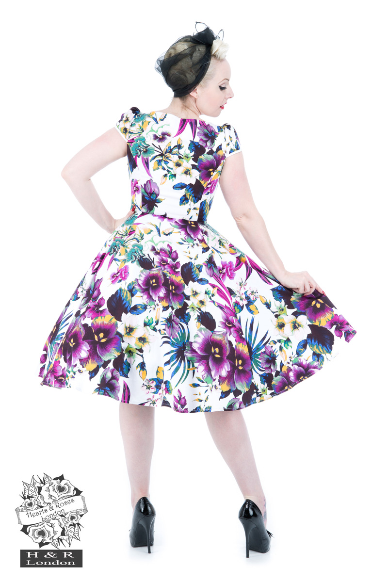 White Purple Pansies Floral Swing Dress