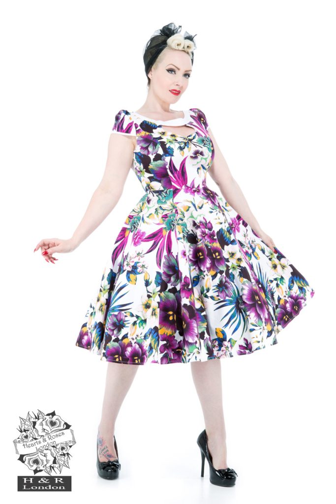 White Purple Pansies Floral Swing Dress