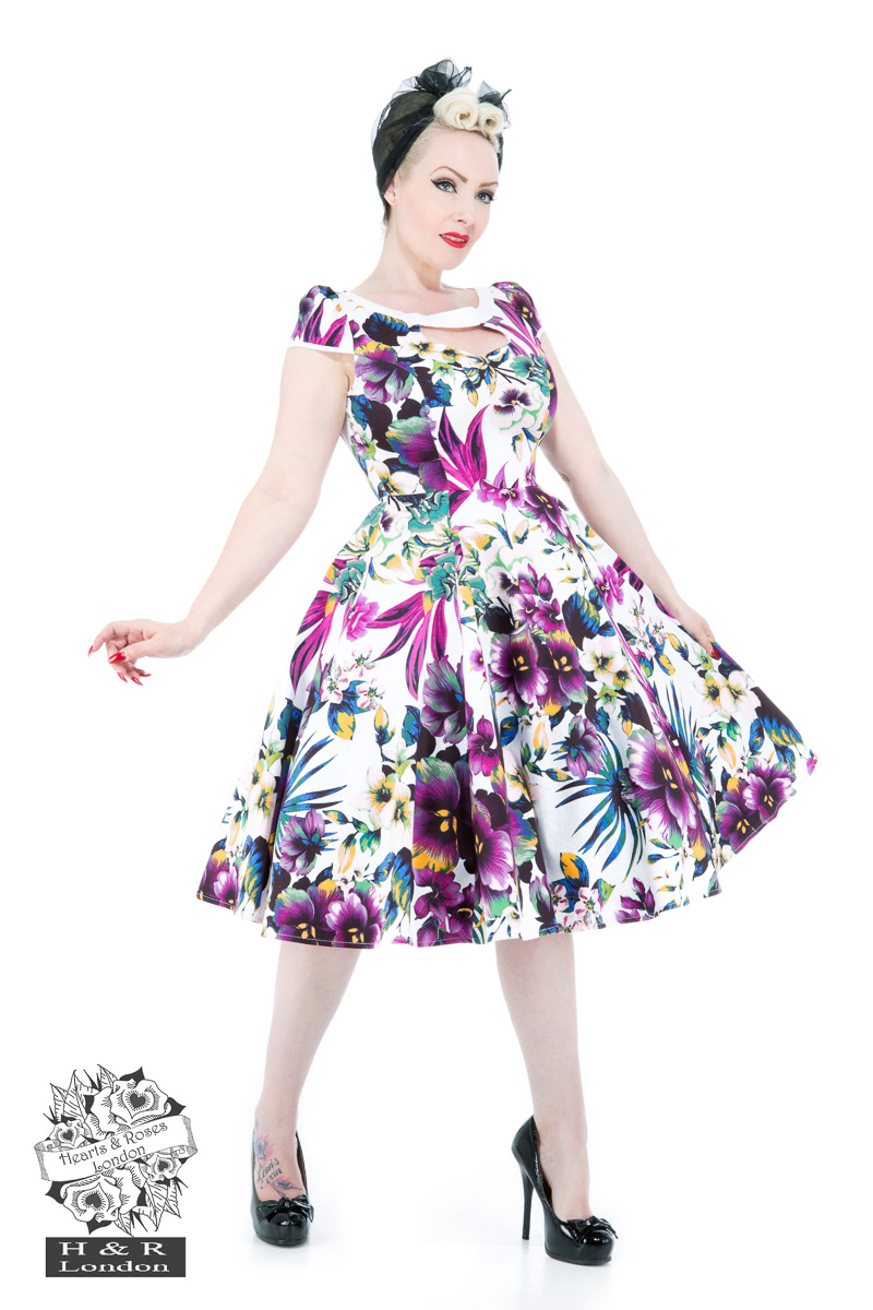White Purple Pansies Floral Swing Dress