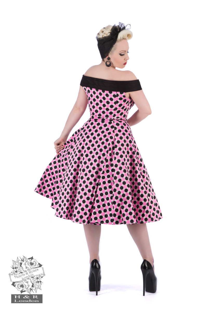 50s Dolores Black Pink Polka Dot V Dress