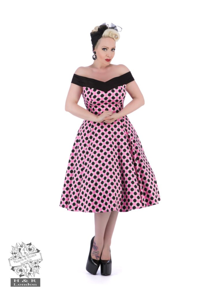 50s Dolores Black Pink Polka Dot V Dress