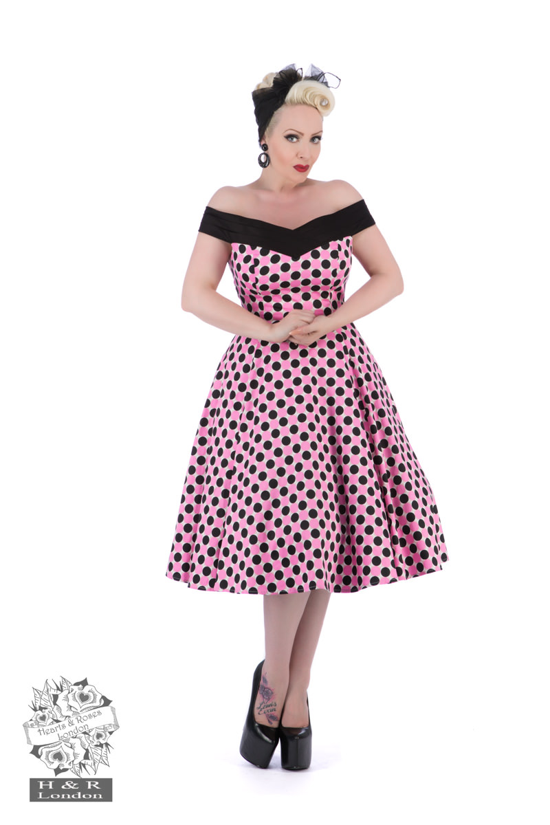 50s Dolores Black Pink Polka Dot V Dress