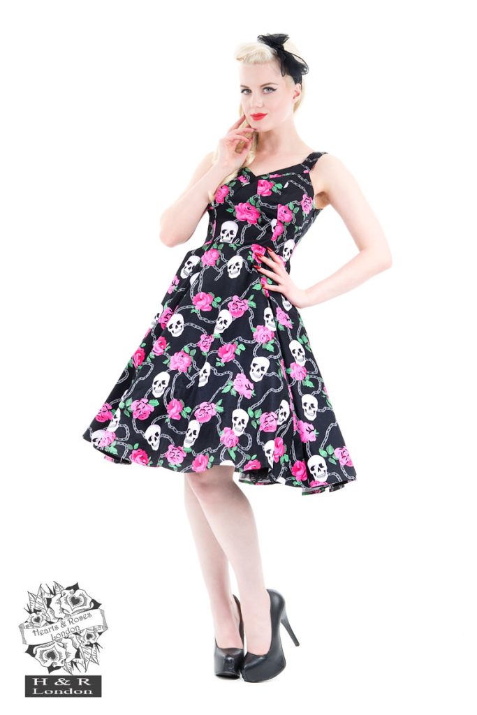 Psychobilly Skulls & Roses Flared Dress