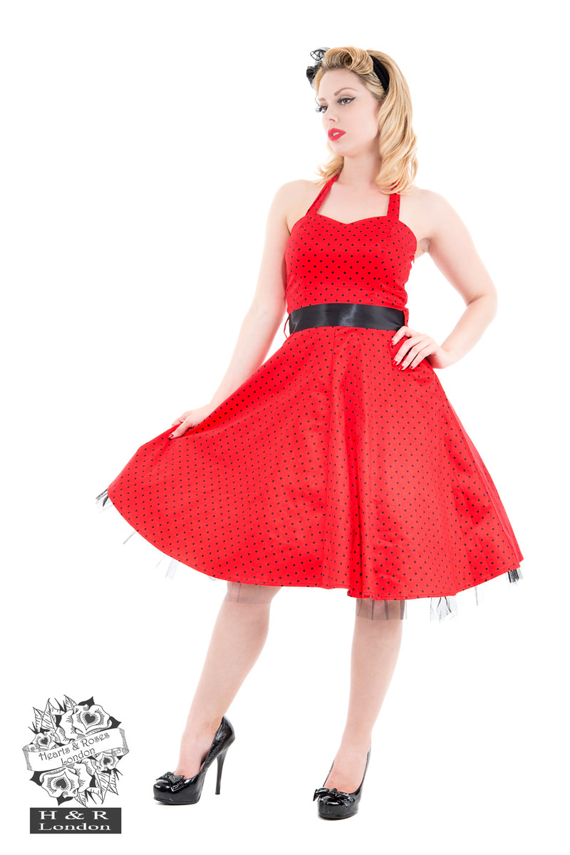 Red Black Small Polka Dot Swing Dress
