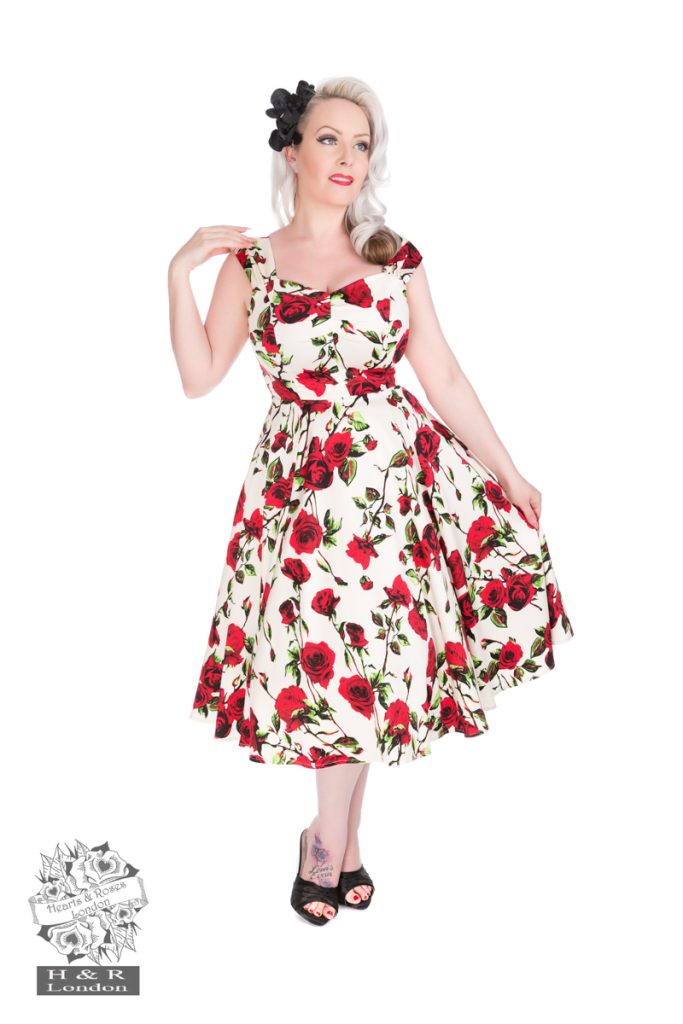 50s Ditsy Rose Floral Dress (Ivory)